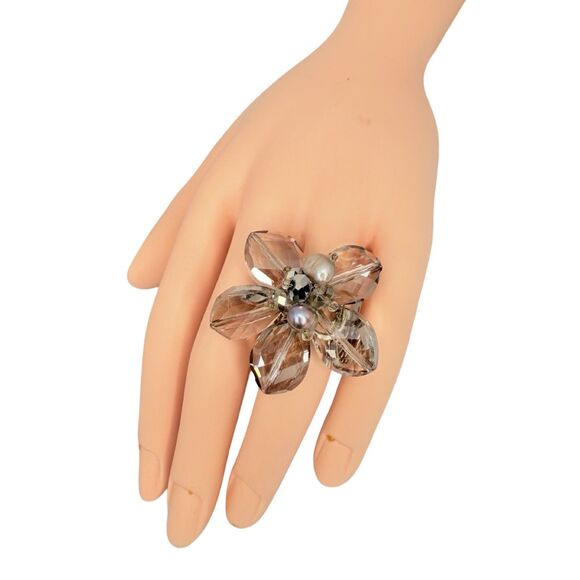 Glass Flower Statement Ring Sz 7 Bead Silver Cottagecore - Picture 2 of 15
